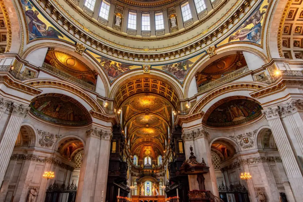 The painted dome and nave of a great cathedral
