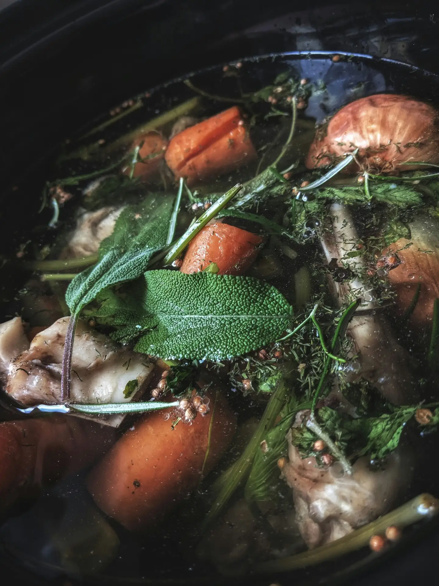 Close-up of a pot of broth with carrots and fresh herbs