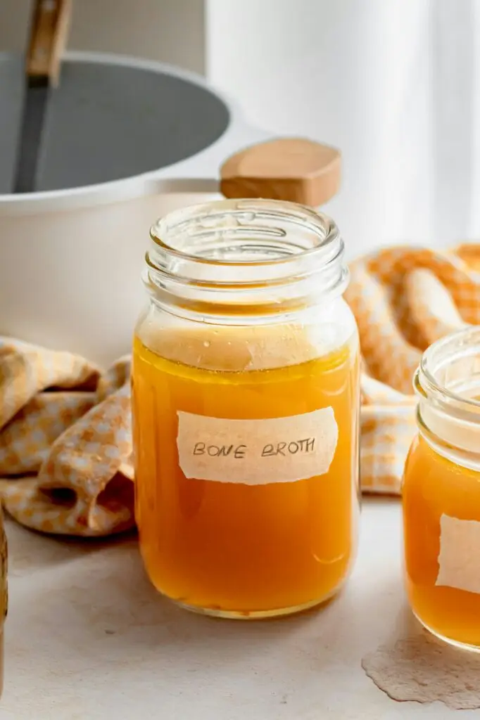 Homemade bone broth in glass jars
