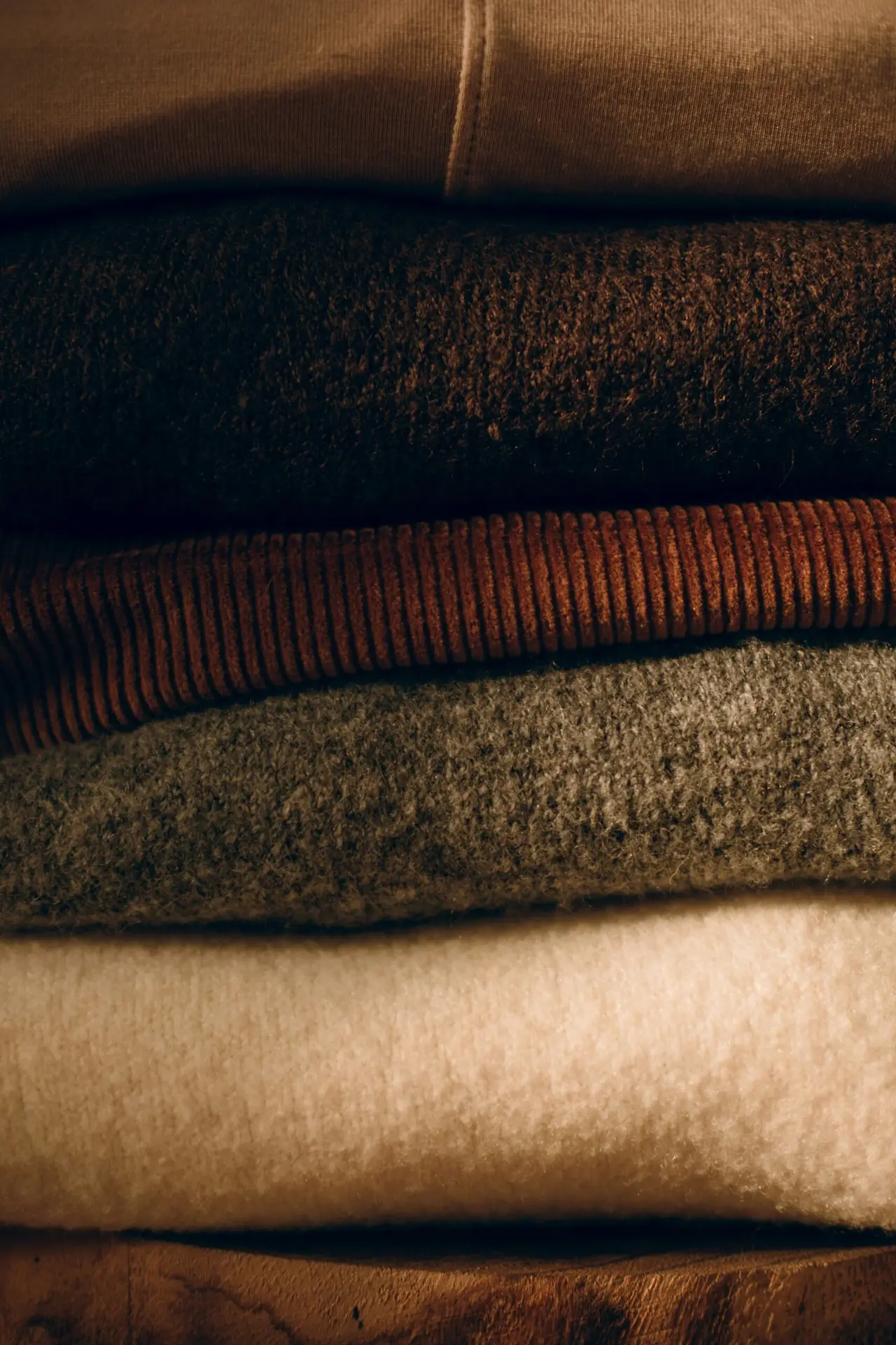 A stack of knitwear in autumn shades of rust, brown and cream