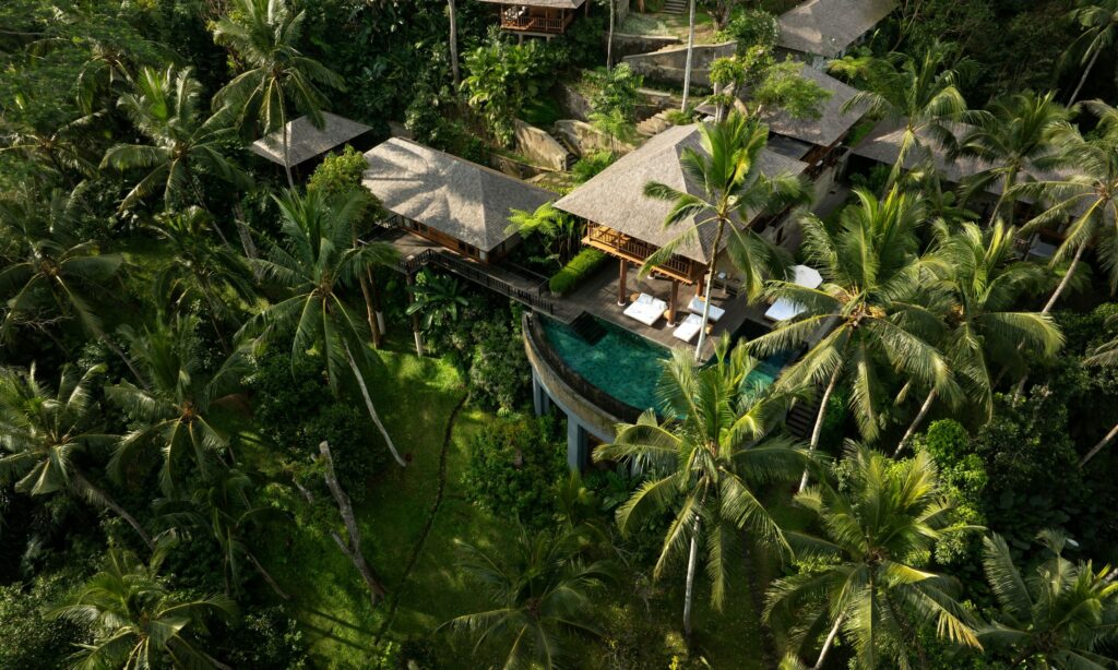 Villas hidden among palm trees and jungle, seen from above