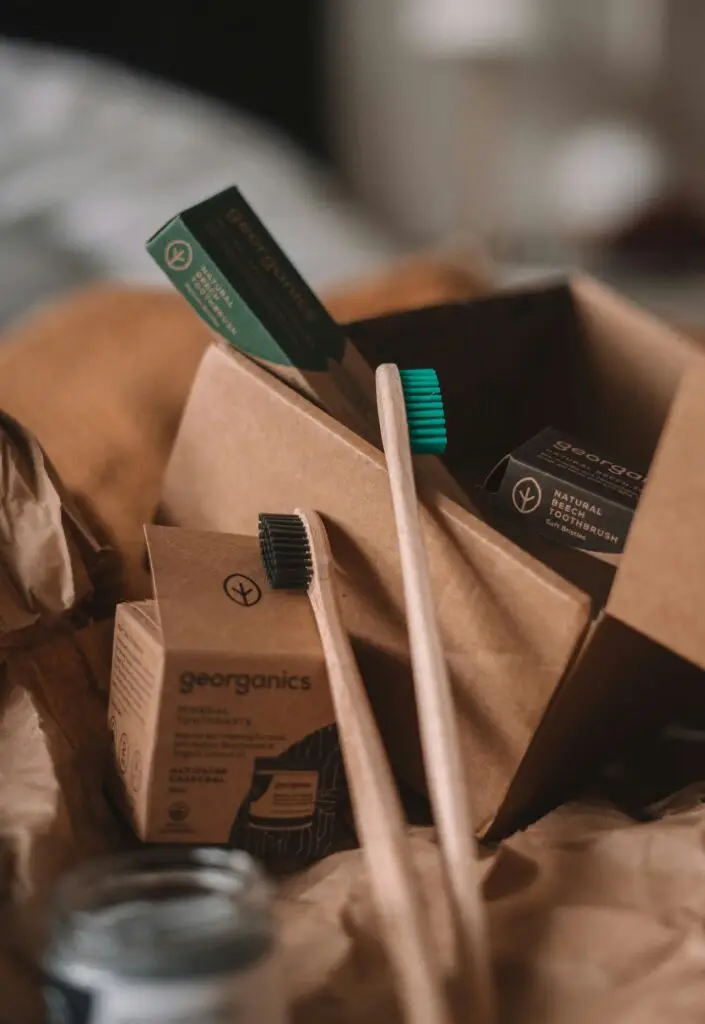 Bamboo toothbrushes in simple recycled card packaging