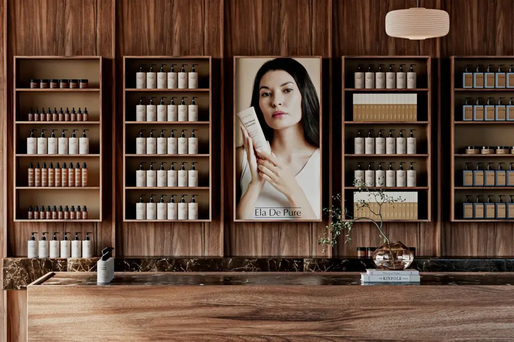 Wellness products on timber shelves in a brand store